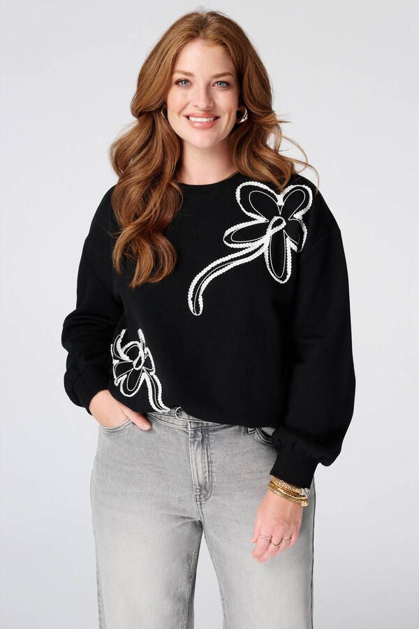 MS Mode sweater met borduursels Plus Size zwart