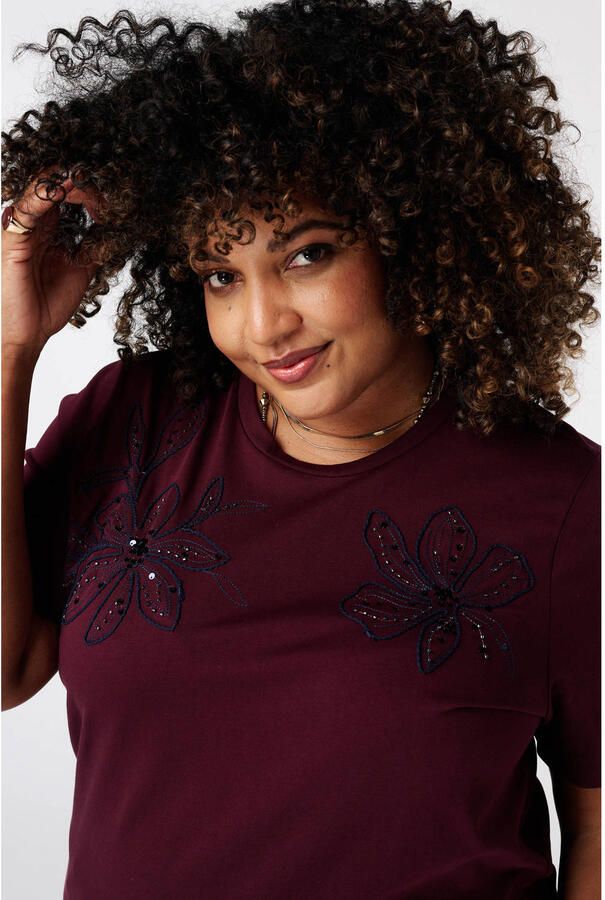 MS Mode T-shirt met borduursels Plus Size donkerrood