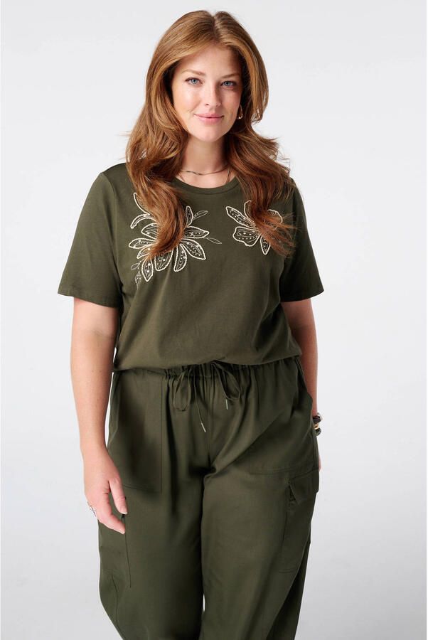 MS Mode T-shirt met borduursels Plus Size kaki