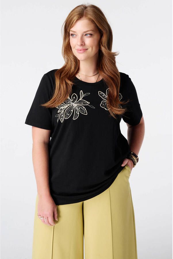 MS Mode T-shirt met borduursels Plus Size zwart