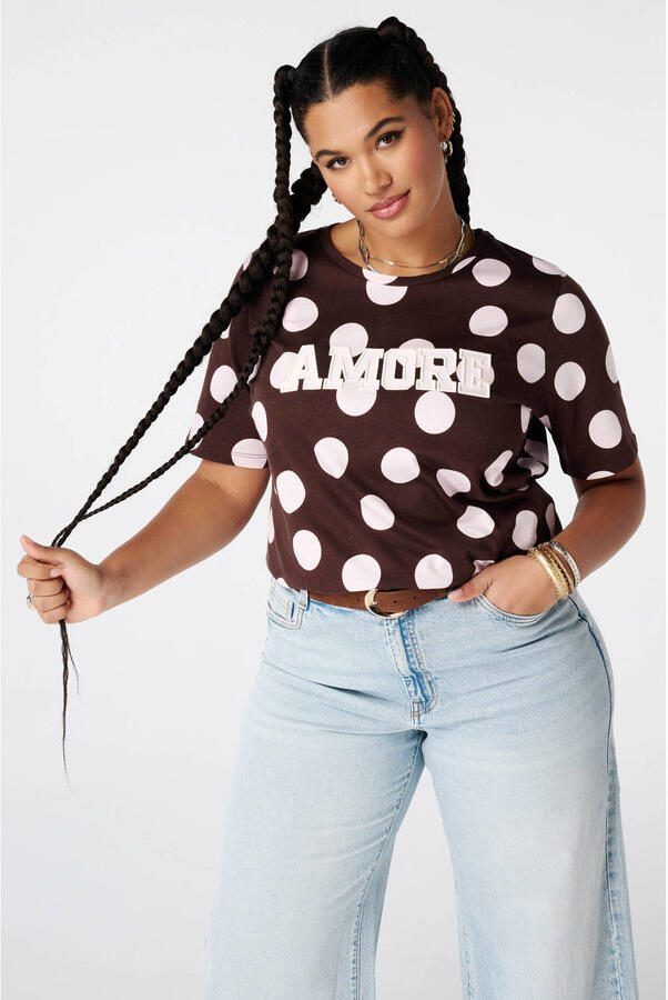 MS Mode T-shirt Plus Size met stippen bruin