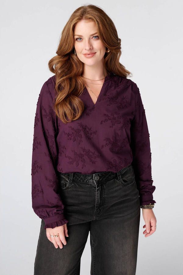 MS Mode top met borduursels Plus Size aubergine