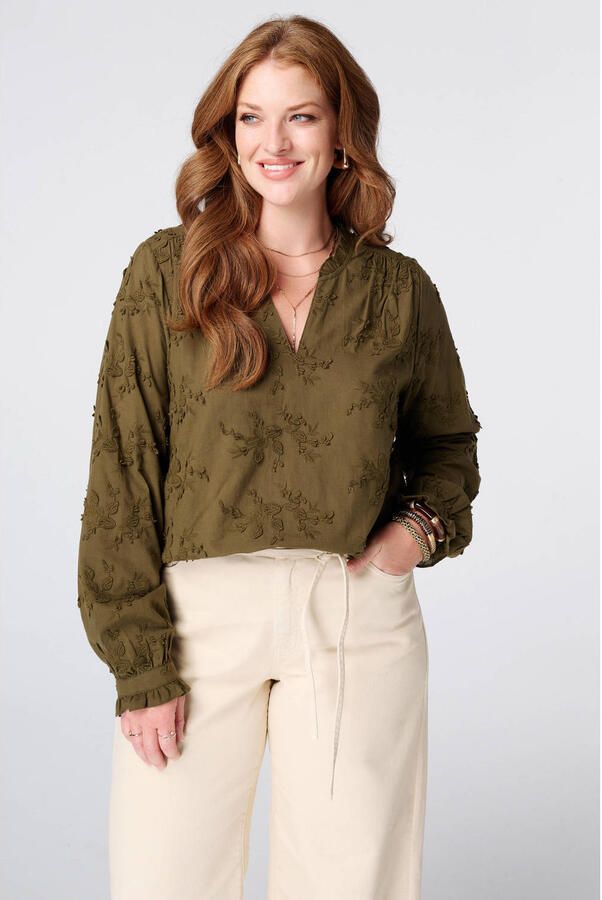 MS Mode top met borduursels Plus Size olijfgroen