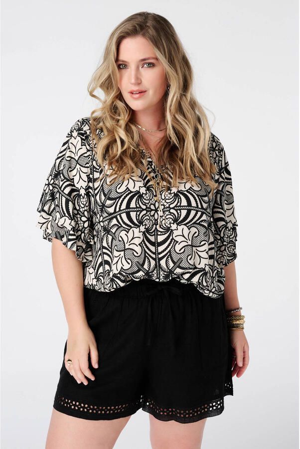 MS Mode top met print en ruches Plus Size zwart
