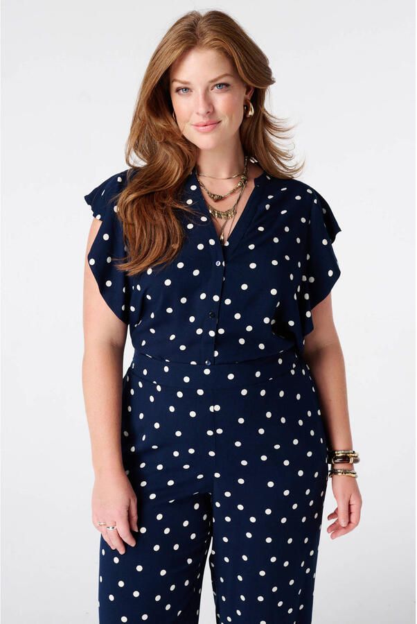 MS Mode top Plus Size met stippen en ruches donkerblauw