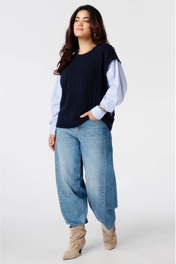 MS Mode trui met kabels donkerblauw wit