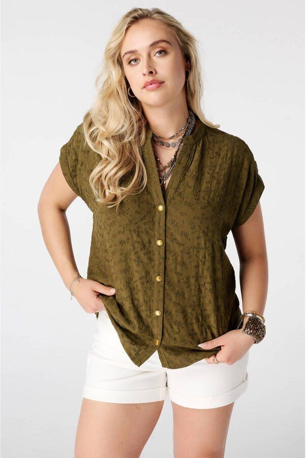 MS Mode viscose blouse met borduursels Plus Size olijfgroen