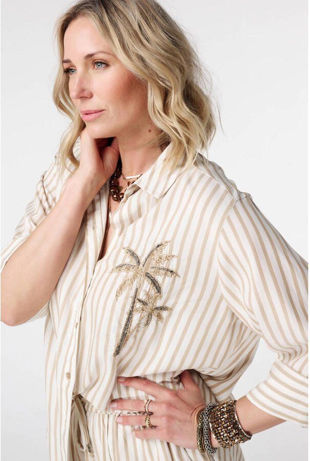 MS Mode viscose rechtvallend gestreepte blouse met borduursels Plus Size beige - Foto 2