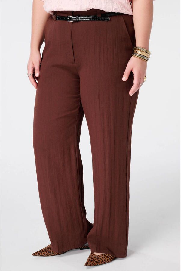 MS Mode viscose straight leg broek Plus Size met ceintuur bruin