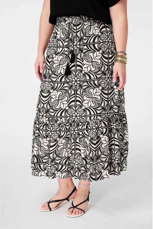 MS Mode viscose uitlopend midi rok Plus Size met print zwart