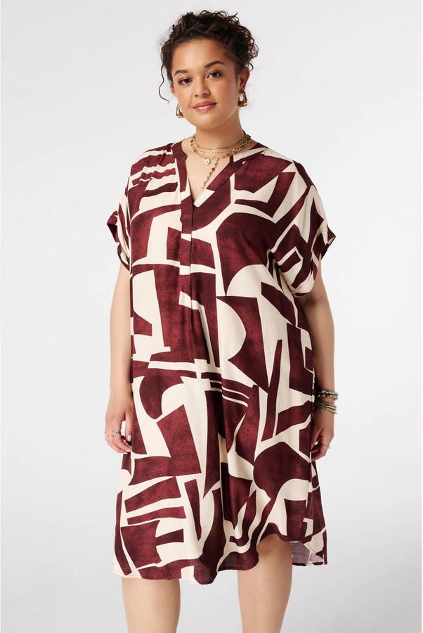 MS Mode viscose zomerjurk met plooien en print Plus Size donkerrood