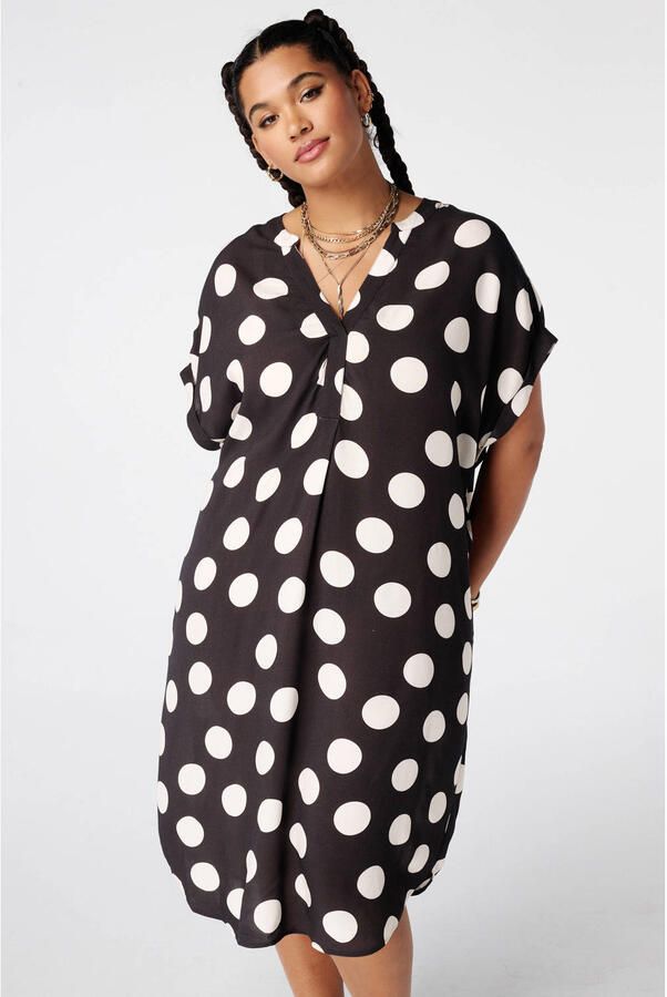 MS Mode viscose zomerjurk met plooien en stippen Plus Size bruin