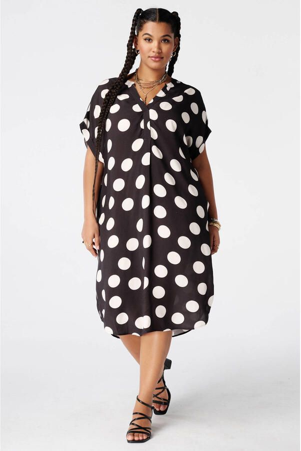 MS Mode viscose zomerjurk met plooien en stippen Plus Size bruin - Foto 2