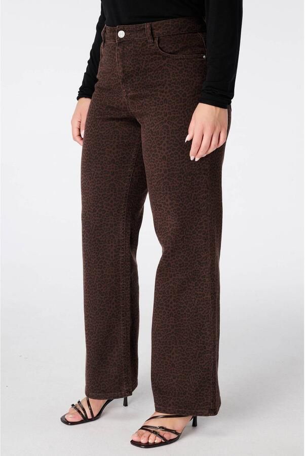 MS Mode wide leg jeans met panterprint donkerbruin zwart