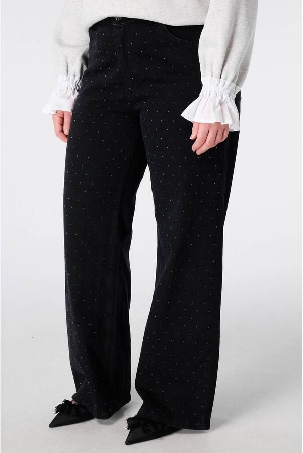 MS Mode wide leg jeans met strass-steentjes black denim