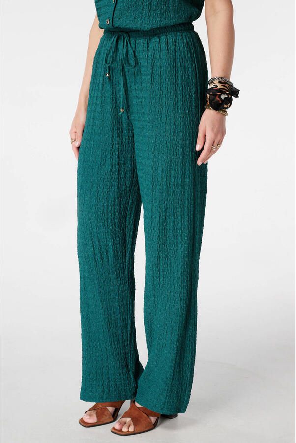 MS Mode wide leg regular waist broek met textuur petrol