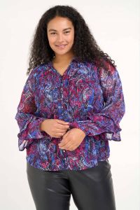MS Mode semi-transparante top met all over print blauw paars rood wit