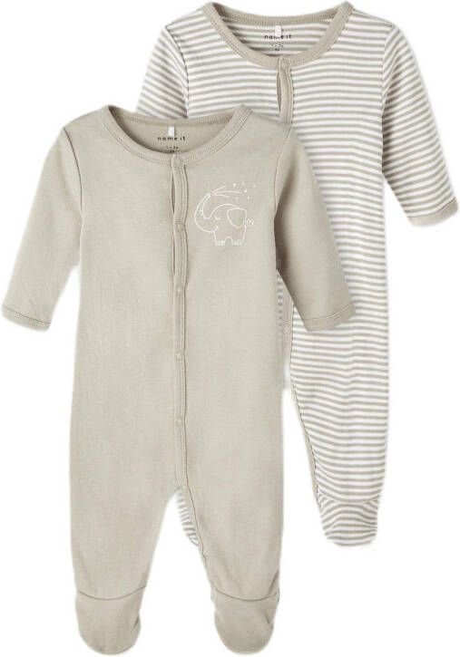 Name it BABY pyjama NBNNIGHTSUIT set van 2 met streepdessin grijsgroen Onesie Biologisch katoen Ronde hals 92