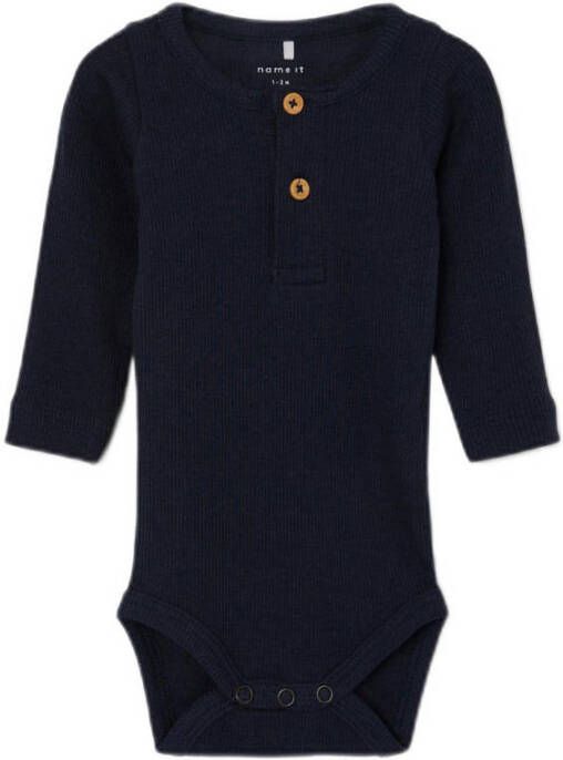 Name it BABY ribgebreide romper NBMKAB donkerblauw Jongens Katoen Ronde hals 56
