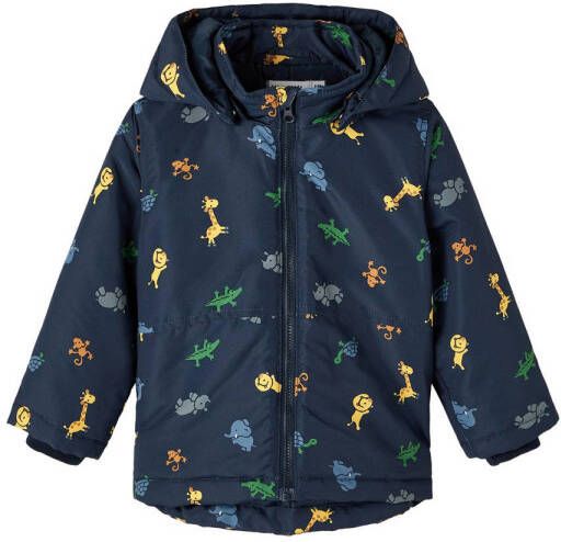 Name it BABY winterjas NBMMAX ZOO van gerecycled polyester donkerblauw Jongens Gerecycled polyester (duurzaam) Capuchon 86
