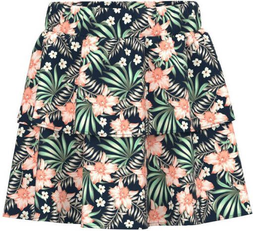 Name it KIDS gebloemde rok NKFVINAYA van gerecycled polyester donkerblauw groen zalm 128