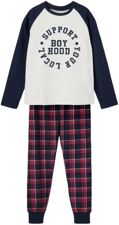 Name it KIDS geruite pyjama NKMNIGHTSET wit blauw rood Jongens Stretchkatoen Ronde hals 86 92