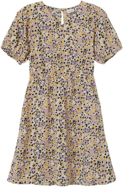 Name it KIDS jurk NKFVINAYA van gerecycled polyester beige lila zwart Meisjes Gerecycled polyester (duurzaam) V-hals 128