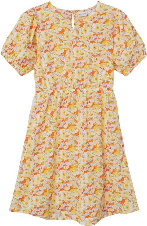 Name it KIDS jurk NKFVINAYA van gerecycled polyester lichtgeel oranje Meisjes Gerecycled polyester (duurzaam) V-hals 128