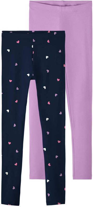 Name it KIDS legging NKFVIVIAN met all over print paars donkerblauw (set van 2) Meisjes Stretchkatoen 134 140