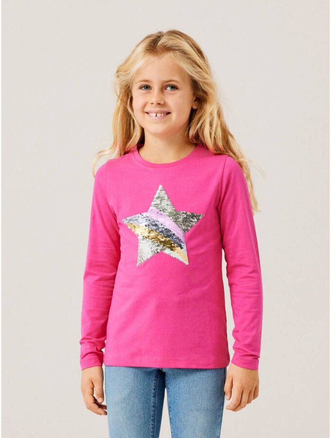 Name it KIDS longsleeve NKFBISTAR set van 2 met pailletten fuchsia grijs melange Roze Meisjes Stretchkatoen Ronde hals 158 164