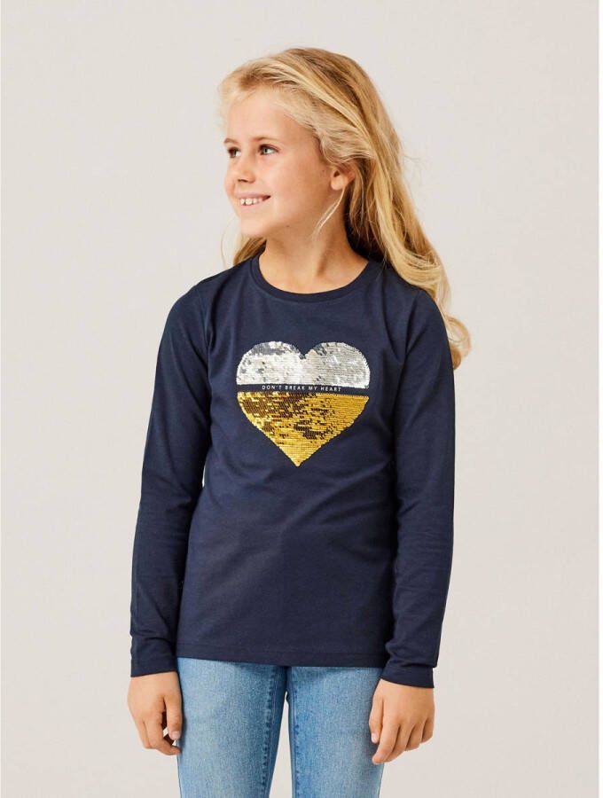 Name it KIDS longsleeve NKFBISTAR set van 2 met pailletten lila donkerblauw Paars Meisjes Stretchkatoen Ronde hals 134 140
