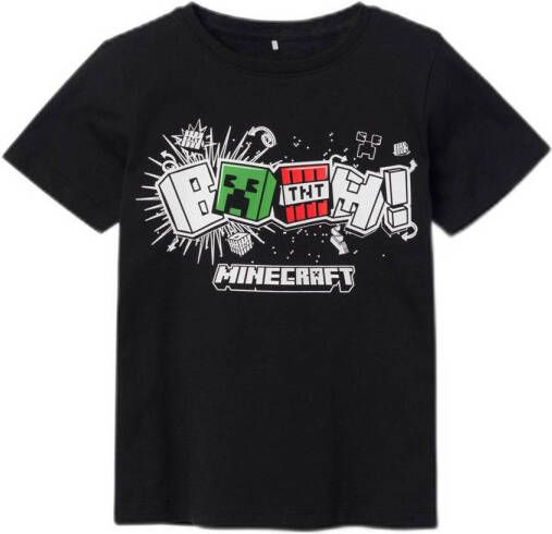 Name it KIDS Minecraft T-shirt NKMDINKO zwart wit rood Jongens Biologisch katoen Ronde hals 134 140
