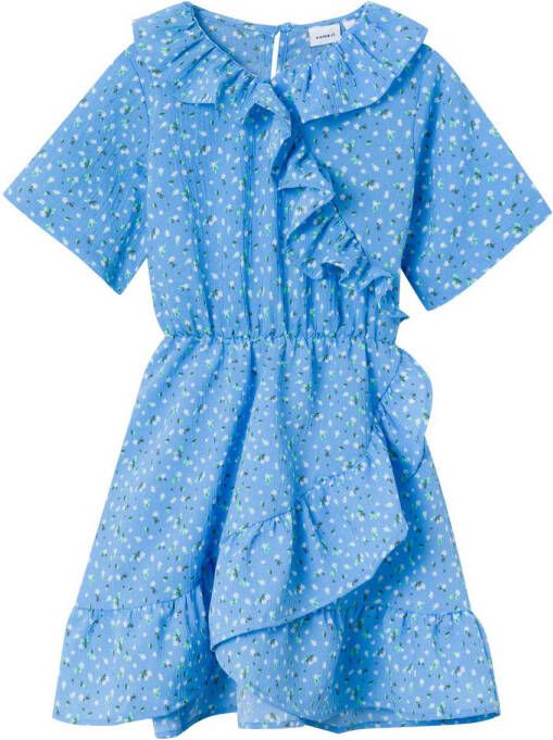 Name it KIDS overslagjurk NKFFANINNA met all over print blauw Meisjes Polyester V-hals 128