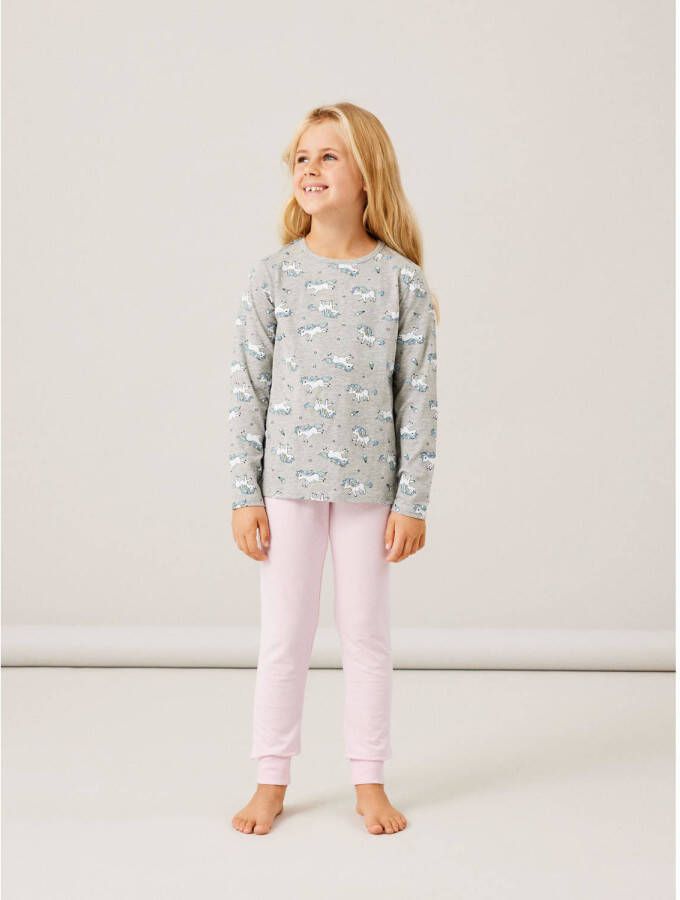 Name it KIDS pyjama NKFNIGHTSET met all over print grijs roze Meisjes Stretchkatoen Ronde hals 110 116