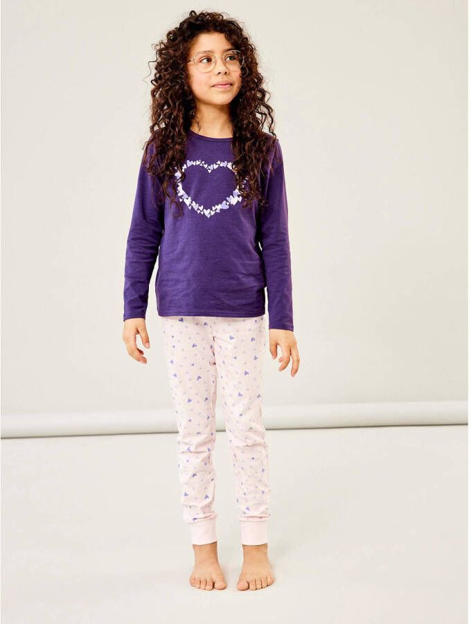 Name it KIDS pyjama NKFNIGHTSET met all over print paars lichtroze Meisjes Stretchkatoen (duurzaam) Ronde hals 110 116