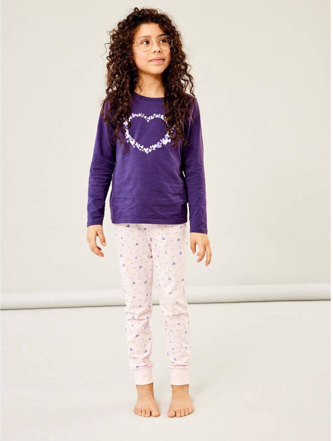 Name it KIDS pyjama NKFNIGHTSET met all over print paars lichtroze Meisjes Stretchkatoen (duurzaam) Ronde hals 122 128