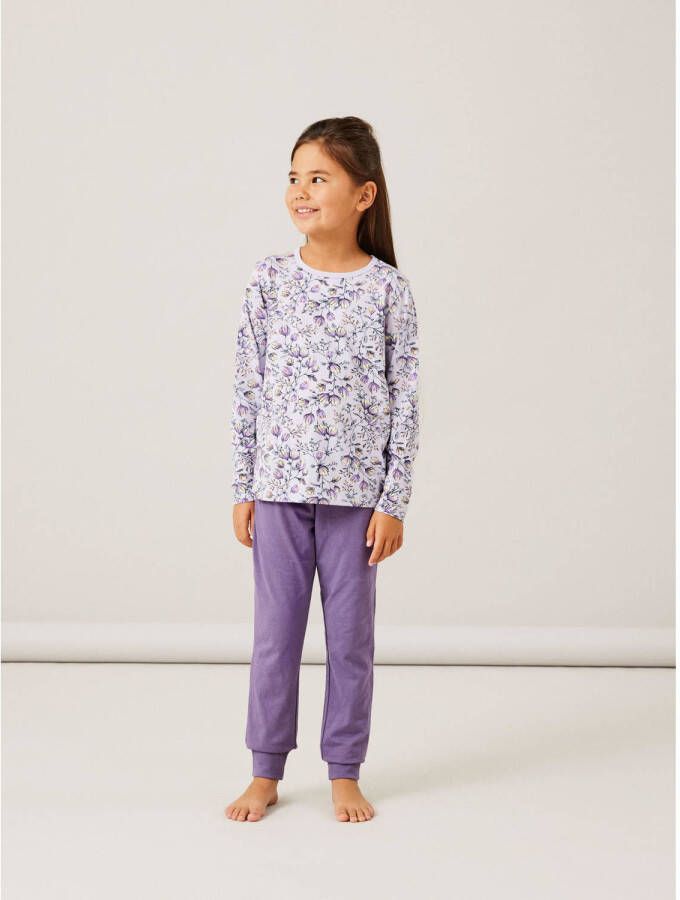 Name it KIDS pyjama NKFNIGHTSET met bloemendessin lila paars Meisjes Stretchkatoen Ronde hals 110 116