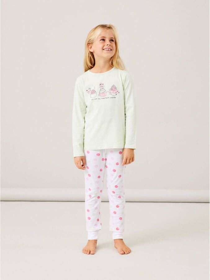 Name it KIDS pyjama NKFNIGHTSET met printopdruk lichtgroen ecru Meisjes Stretchkatoen Ronde hals 146 152