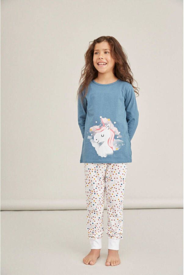 Name it KIDS pyjama NKMNIGHTSET blauwgroen wit roze Meisjes Biologisch katoen Ronde hals 146 152