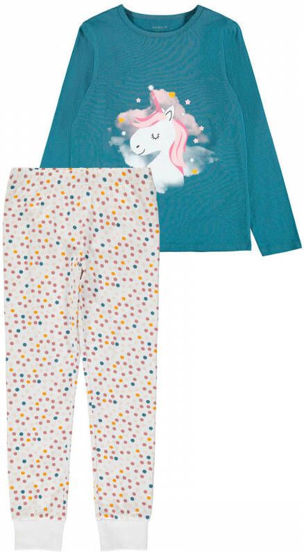 Name it KIDS pyjama NKMNIGHTSET blauwgroen wit roze Meisjes Katoen Ronde hals 134 140