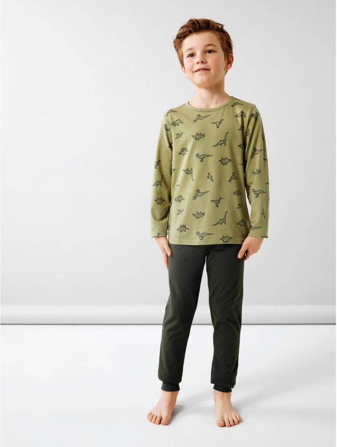 Name it KIDS pyjama NKMNIGHTSET DINO groen donkergroen Jongens Stretchkatoen Ronde hals 110 116