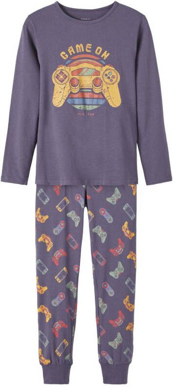 Name it KIDS pyjama NKMNIGHTSET met all over print grijsblauw oranje groen Jongens Stretchkatoen Ronde hals 110 116