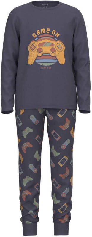 Name it KIDS pyjama NKMNIGHTSET met all over print grijsblauw oranje groen Jongens Stretchkatoen Ronde hals 110 116