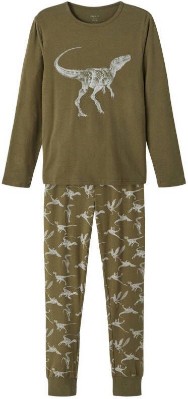 Name it KIDS pyjama NKMNIGHTSET met all over print olijfgroen wit Jongens Stretchkatoen (duurzaam) Ronde hals 134 140