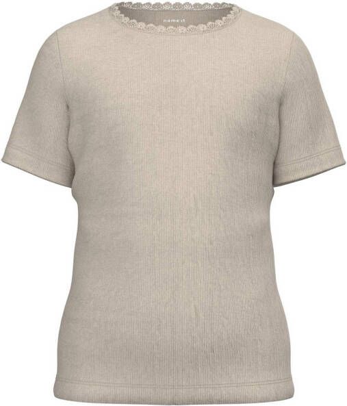 Name it KIDS ribgebreid T-shirt NKFKAB met kant grijs Meisjes Stretchkatoen (duurzaam) Ronde hals 134 140