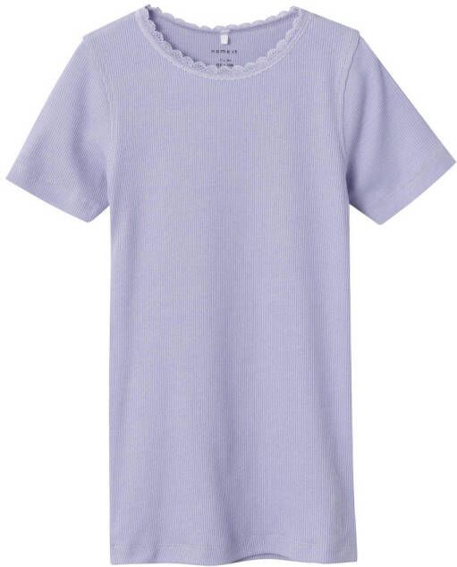Name it KIDS ribgebreid T-shirt NKFKAB met kant lichtblauw Meisjes Stretchkatoen (duurzaam) Ronde hals 122 128