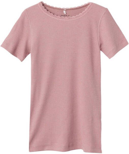 Name it KIDS ribgebreid T-shirt NKFKAB met kant mauve Roze Meisjes Stretchkatoen Ronde hals 122 128