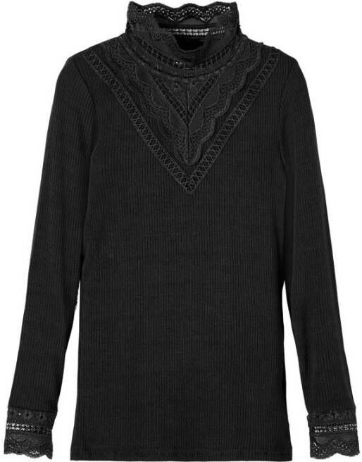 Name it KIDS ribgebreide top NKFNURI met kant zwart Meisjes Modal Opstaande kraag 122 128