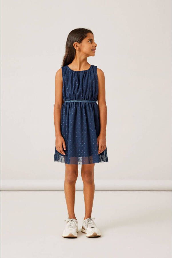 Name it KIDS semi-transparante jurk NKFVABOSS met all over print donkerblauw Meisjes Polyester Ronde hals 158