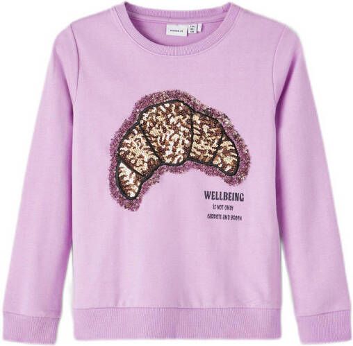 Name it KIDS sweater NKFLAMARIA met printopdruk en pailletten roze Printopdruk 122 128